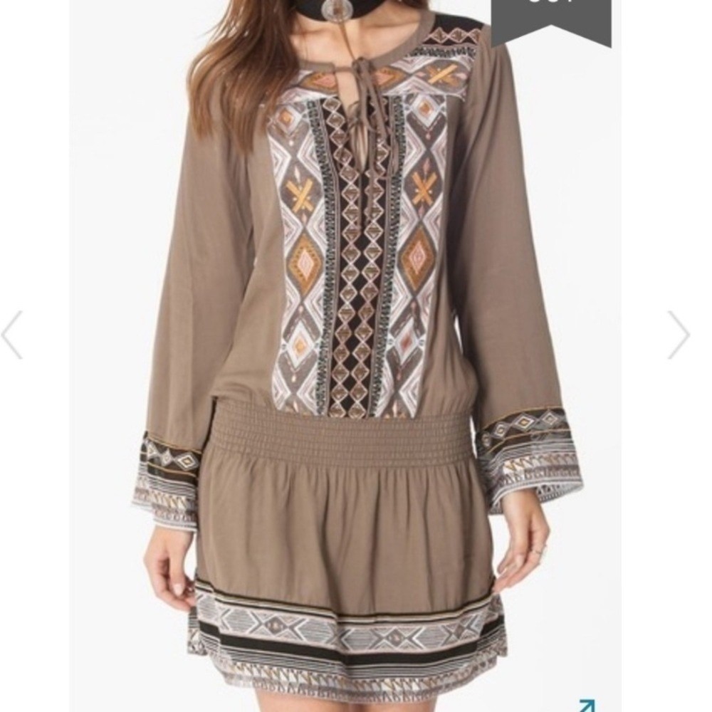 Hale Bob Brown Embroidered Long Sleeve Smocked Mini Dress 69ES6217 Small